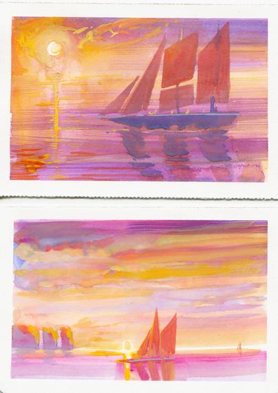two watercolor and gouache paintings of ships at sunset with something that looks roughly like a brigantine sail plan.