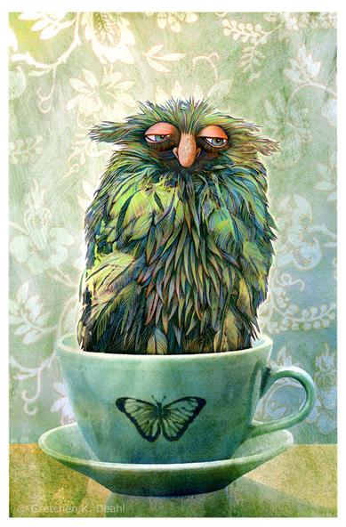 Set against a wallpaper backdrop of pale flowering vines, a porcelain teal teacup sits on a plate. In the cup, a sleepy, feathered green-blue monster tilts slightly sideways, Its large droopy eyes and large pink nose look out in a drowsy gaze. NOTE: This description created especially for my lovely blind friend, Georgiana. :-)