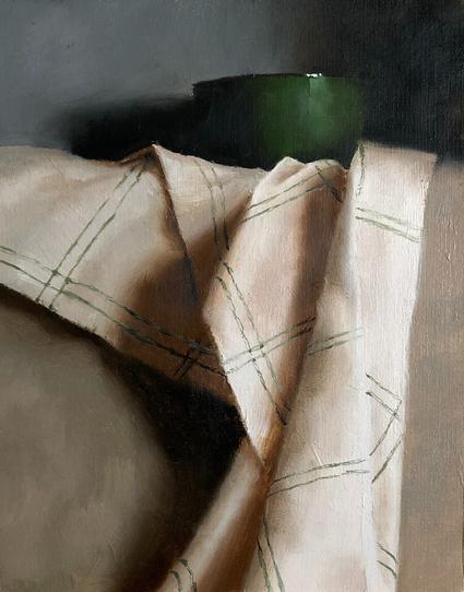 Oil painting of a still life with green bowl and cloth