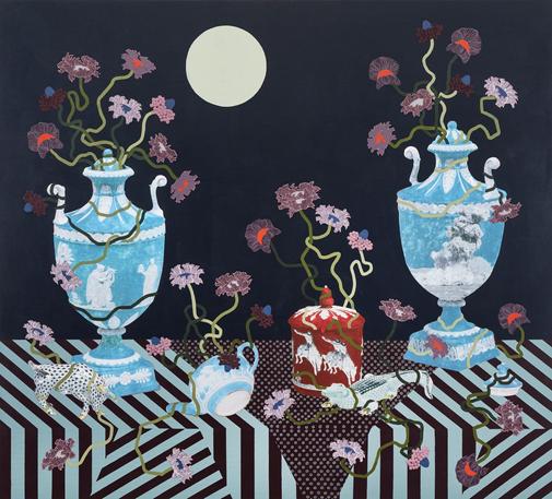a still life with textured flowers held in blue ornate vessels on a striped tabletop