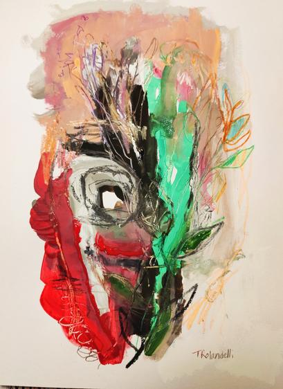 A vibrant abstract of brush strokes and Mark making, with red, greens and blacks primarily, and leaf stem marks.