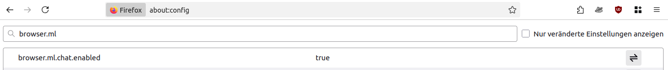Ein Firefox-Fenster in dem about:config in der Adressleiste steht und browser.ml in der Suchleiste steht. Neben browser.ml.chat.enabled steht true.