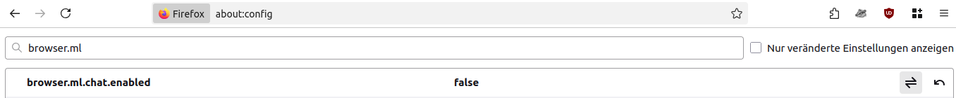 Ein Firefox-Fenster in dem about:config in der Adressleiste steht und browser.ml in der Suchleiste steht. Neben browser.ml.chat.enabled steht false.