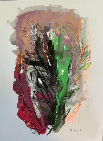 An abstract art piece with dark black, red and green gouache in brush strokes. Black pencil lines and plant like mark making. On white paper.