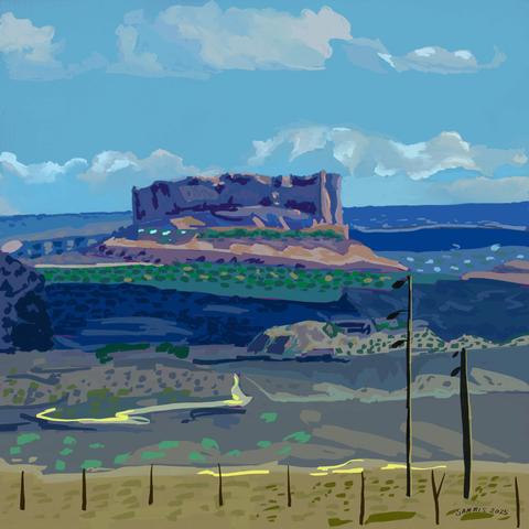 Digital landscape drawing of a butte in Utah. It's a cloudy day and the clouds are casting purple shadows across the arid landscape.