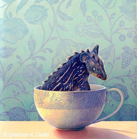 Against at wallpapered background of pale green, blue and pink flowers, sits a china teacup. Its occupant is a small blue, tapir-like creature glancing nervously at the viewer. Sunlight casts a gentle purple shadow on the bright golden tabletop. NOTE: This description created especially for my lovely blind friend, Georgiana. :-)