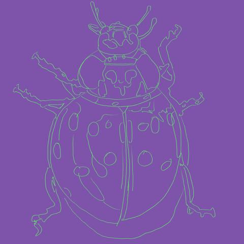 Lavender background with a light green outline of a ladybug.