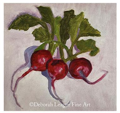 Spring Radishes oil painting. A still life composition that features a group of vibrant, round radishes with their leafy greens still attached. The brushstrokes used in the painting are visible, adding texture and depth to the radishes and leaves, while the muted background enhances the vibrancy of the reds and greens in the foreground.

The essence of spring is fully express in this painting, as radishes are often associated with the season. The work exudes a sense of freshness and vitality, making it a perfect addition to any kitchen or dining area.

Overall, "Spring Radishes" is a beautiful and engaging artwork that celebrates the simple beauty of nature's bounty. It is a perfect representation of still life painting and is sure to bring joy and inspiration to any art lover.