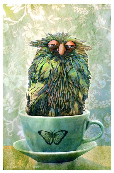 Set against a wallpaper backdrop of pale flowering vines, a porcelain teal teacup sits on a plate. In the cup, a sleepy, feathered green-blue monster tilts slightly sideways, Its large droopy eyes and large pink nose look out in a drowsy gaze. NOTE: This description created especially for my lovely blind friend, Georgiana. :-)