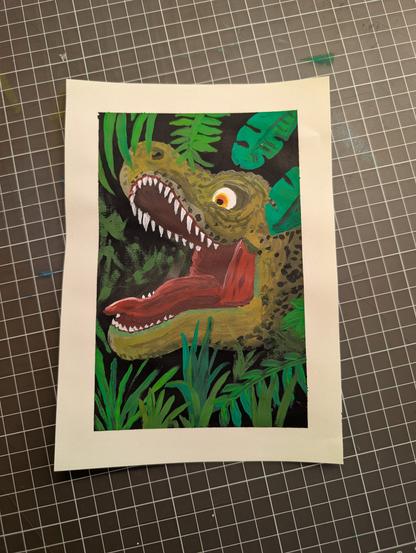 A delirious T-Rex head coming out of foliage, maw open wide, showing white teeth and an enormous tongue. His eyes look a bit crazy with lots of white showing. I'm especially happy with the dinosaur's skin, which is olive green and mottled with brighter and darker spots.
