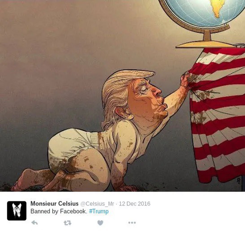 Norwegian political cartoon showing Trump as a toddler with a poop-filled and leaking diaper. With his dirty hand he is pulling on an American flag that is used as a tablecloth, with a teetering globe on the table.