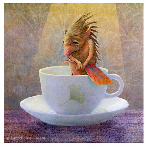 Against a subtle wallpaper background of leafy shapes, a very shy, furred creature stands in a white China teacup. Spiked  tufts of hair start at its crown and goes down its back. A bashful smile and gentle eyes look away as it holds its favorite orange leaf. NOTE: This description created especially for my lovely blind friend, Georgiana. :-)