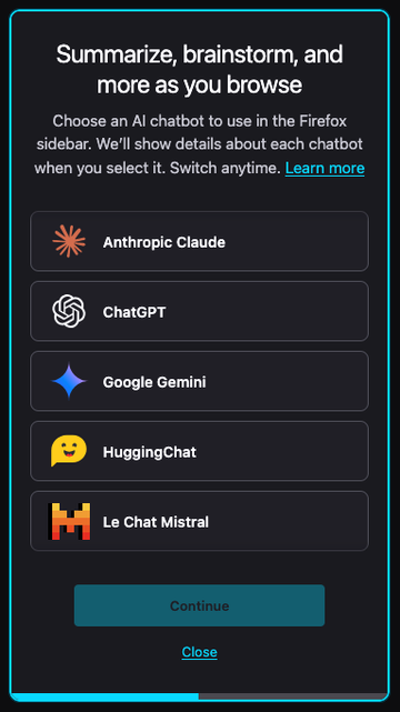 New Firefox sidebar with various LLMs you can chat with