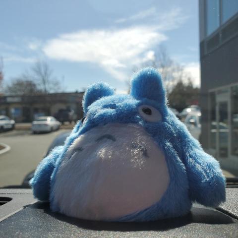 A small, fuzzy blue Totoro plushie sits on the dashboard of a car. Outside the windshield, a row of buildings, parked cars, and trees are visible under a bright, partly cloudy sky on a sunny day. The plushie catches the light, creating a cheerful and whimsical scene inside the vehicle.