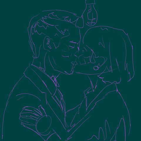 Green background with a lavender outline of a young couple kissing under a bare light bulb.