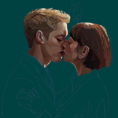 Same green background but now the heads are colored in... blond haired young man and brown haired young woman.