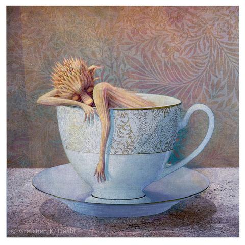 In a delicate china teacup, a pale, tiny monster dozes and dreams... probably for more delicious tea... :-)