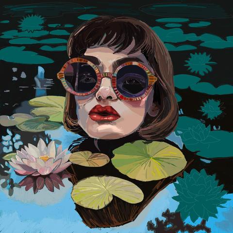 A woman with colourful round sunglasses rises from a lily pad covered pond. The foreground waterlilies and pads are coloured as is the entire pond surface. There are still many more pads and three more flowers left to colour.