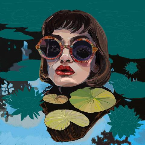 Woman's head with a 1950s vibe rising above a calm pond covered with blooming water lilies. Most of the lily pads still need colouring.