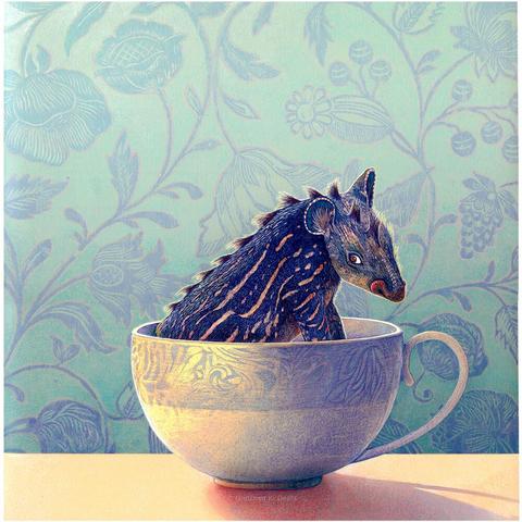 Against at wallpapered background of pale green, blue and pink flowers, sits a china teacup. Its occupant is a small blue, tapir-like creature glancing nervously at the viewer. Sunlight casts a gentle purple shadow on the bright golden tabletop. NOTE: This description created especially for my lovely blind friend, Georgiana. :-)