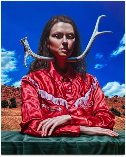 an oil painting of a woman in a red fringed Western shirt against a blue sky, staring straight at the viewer with an antler through her neck