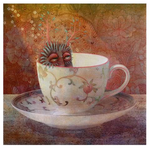 Set against a rosy colored wallpaper with pale blooms, a dainty china teacup decorated with swirling buds, sits quietly on a table top. Inside, a strange being reposes, with heavily lidded eyes. Atop its head are pink branches with teal colored leaves. It appears to be deeply pondering the universe as it slips into a blissful sleep. NOTE: This description created especially for my lovely blind friend, Georgiana. :-)