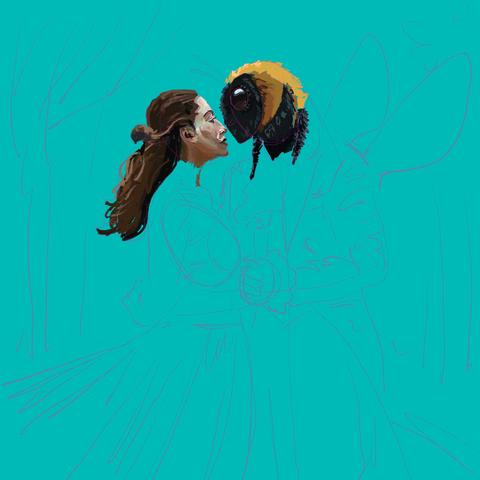A couple in fancy dress dance. Right now all that's drawn is a human woman's head and a bee's head.