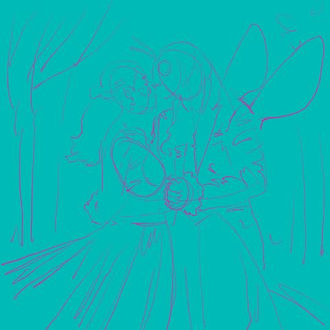 Light blue background over which is drawn a bee in a fancy period suit and a human woman in a similar period dress. They are dancing in what will be a forest.