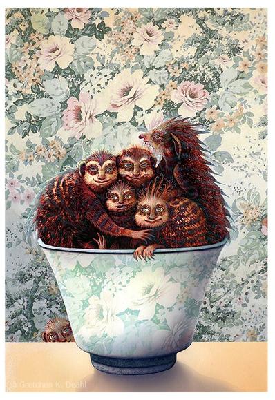Set against a flower covered wallpaper, piled into a porcelain teacup, are 5 tiny monsters. Peeking from behind, one more peers above the tabletop.