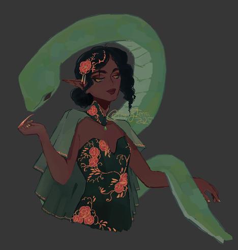 digital drawing of a poc and a green snake. 
they wear a dark green dress with peach/pink flowers (i thought of camelias but then i also too lazy to draw camelias..) and golden leaves and stems. they also wear a sage colored cape which is attached to their dark green neck piece. 
they have their curly hair in a messy bun and a hair ornament matching the flowers on the dress.
