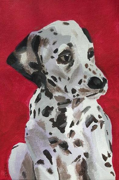 portrait in acrylic paint of a Dalmatian against a red background