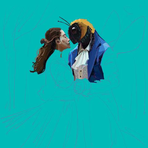 The bee's coat and ruffled shirt are done except for the sleeves and tails. Beauty's head and hair are basically done but I haven't done any more work on her.