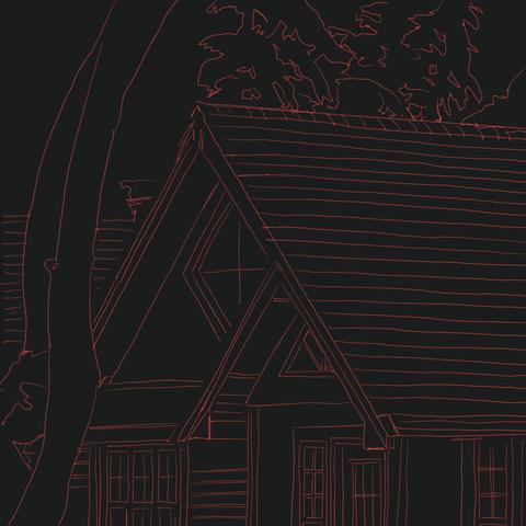 Dark gray outline with an orange outline of an A-frame building and tree.
