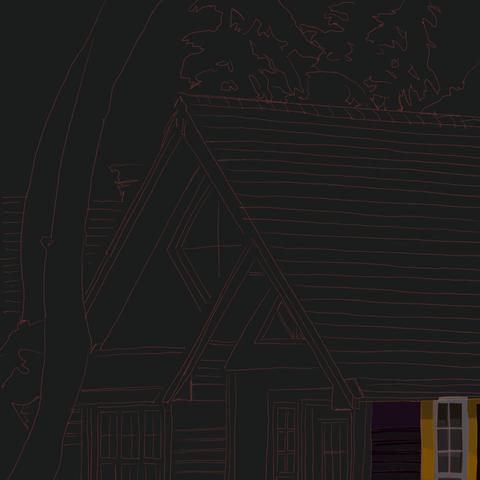 Same outline of an A-frame and tree but now there's some colour at the bottom right in the form of a yellow wall, multipane window and red-gray siding. The vast majority of the piece is still just an outline.