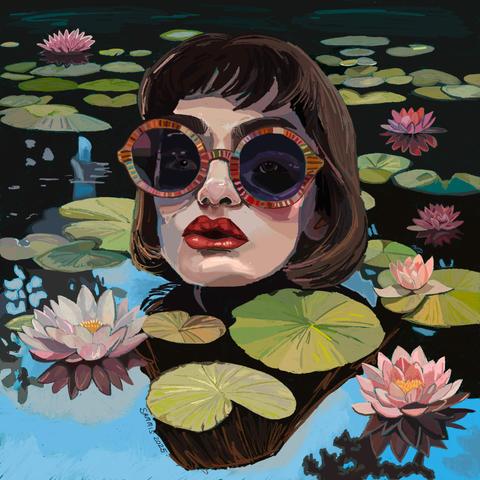 The head 1950s style woman with brown hair, bright red lips and colorful circular sunglasses rises above a pond that is rich with water liles.