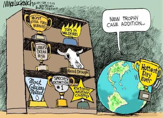 Cartoon: Planet Earth holds yet another hottest day trophy in front of a shelf full of trophies already won.