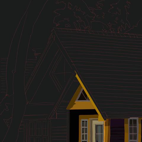 I'm working from the bottom right corner outwards. Drew some windows and some of the A-frame's A shape. The triangular parts are yellow. The windows are gray. Some walls are dark gray or black.