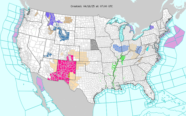 Short Range Forecast Discussion
NWS Weather Prediction Center College Park MD
359 PM EDT Tue Apr 15 2025

Valid 00Z Wed Apr 16 2025 - 00Z Fri Apr 18 2025

...Gusty winds in Northeast/Mid-Atlantic today...

...Snow across Lower Great Lakes today then Northern Rockies on
Wednesday...

...Critical Fire Weather Risk returns to Southern High Plains/Southwest
beginning Wednesday...

...Above average temperatures in the West and Central U.S.; cooler in the
East...

Lake effect snow is expected to develop downwind of the Lower Great Lakes
tonight through Wednesday as northwesterly winds persist on the backside
of a strong cold front. Accumulations of 4 to 8 inches will be possible
for portions of Upstate New York/Adirondacks while elsewhere will likely
have lower totals. Wind have already began increasing up over the Midwest,
Northeast and the Mid-Atlantic region and there are Wind advisories are in
effect for portions of the Central Appalachians and Mid-Atlantic. Further
west, snow showers will likely increase in coverage over the Northern
Rockies beginning Wednesday, leading to some moderate impacts for parts of
west-central Montana into northwestern Wyoming.

The Storm Prediction Center has highlighted critical fire weather
conditions for the Southwest and Southern High Plains starting Wednesday
as the mild, dry and gusty conditions persist. The eastern half of the
country will have cooler air behind the strong cold front tonight. In
contrast, warm southerly flow streaming into W