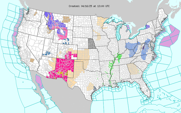 Short Range Forecast Discussion
NWS Weather Prediction Center College Park MD
417 AM EDT Wed Apr 16 2025

Valid 12Z Wed Apr 16 2025 - 12Z Fri Apr 18 2025

...Snow and strong winds spread from the Northern to Southern Rockies...

...Critical Fire Weather Risk returns to Southern High Plains/Southwest
today; Extremely Critical Risk on Thursday...

...Severe Weather returns to Central U.S. beginning Thursday...

...Well above average temperatures over the Central U.S....


Snow showers should come to an end over the Lower Great Lakes this evening
while the associated upper-level low spins off into the Canadian maritime.
Below average temperatures persist through this evening as surface high
pressure settles in. Meanwhile, an amplifying upper trough will pivot over
southern Canada and send a strong cold front surging southward through the
Rockies. Moderate to heavy mountain snow and strong winds are expected to
expand from the Montana ranges today into northwestern Wyoming on
Thursday, followed by Colorado by Friday. The heaviest snowfall totals are
likely over portions of southern Montana into Wyoming where 1-2 feet,
isolated higher amounts, are probable by Thursday morning. Widespread
moderate to isolated major impacts are expected from the combination of
snow and wind. Cooler air filters into the Rockies and Intermountain West
behind the cold front, leading to well below average temperatures for the
region late this week.

An upper ridge over the Central U.S. will continue to