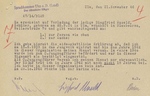 Entnazifizierungsakte Siegfried Unselds. Signatur LABW, Staatsarchiv Ludwigsburg EL 902/22 Bü 12325.