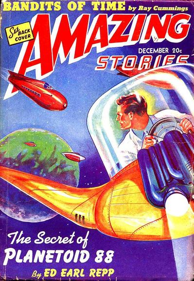 A man piloting a small space ship looks over his shoulder at another larger space ship which is chasing him; a planet and other ships are seen behind them.
Amazing Stories magazine cover from 1941.