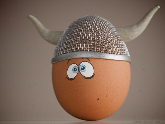 Brown hens egg with a grill helmet with small horns and serious cartoon eyes on the front of the egg.