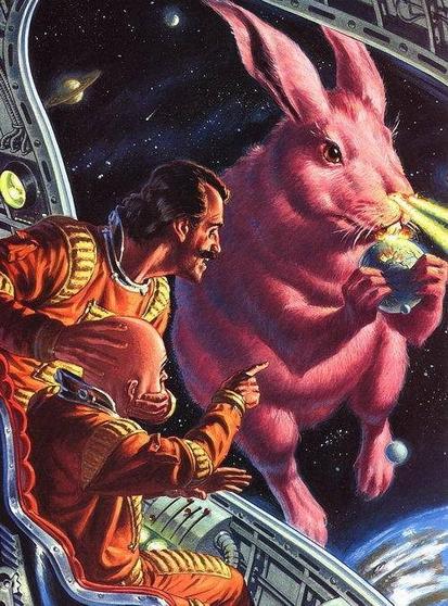 classic styled SF illustration of a giant pink bunny with lasers shooting out it's nostrils in the viewscreen while two astronauts look at it in horror. One is bald and pointing at it. The other has a mustache and has his hands on the bald head, looking like he's about to snap his neck.