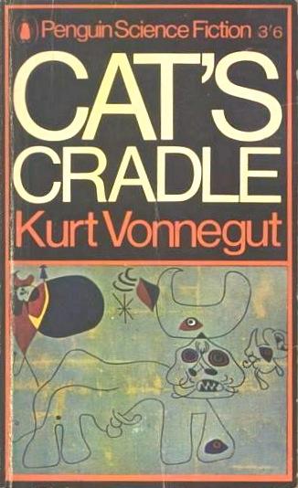 Cover for Vonnegut's Cat's Cradle. Miro's surreal style of art seems to depict what might be a cat with a group of other animals.