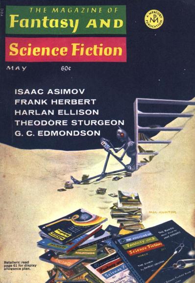 A robot sits on a nighttime apocalyptic desert reading a trail of issues of Fantasy and Science Fiction
