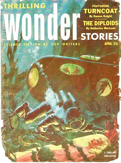 In the background, a submarine with figures watching from portholes and a diver emerging; in the foreground, a diver is examining a glowing capsule on the sea bed in which a naked blonde woman is unconscious.
Magazine cover from 1953.