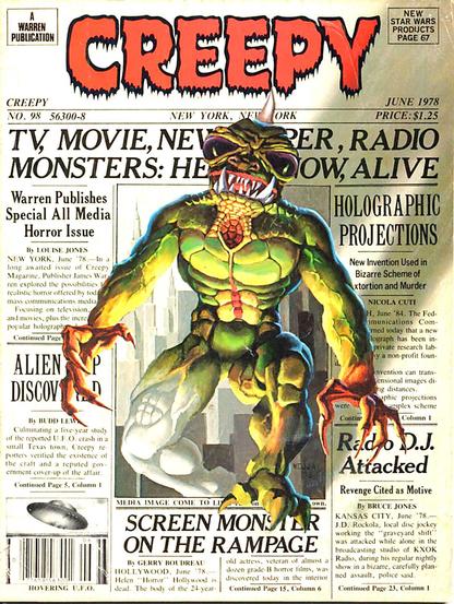 An old-fashioned newspaper front page has headlines about horror/sci-fi events, and a monster is emerging in 3-D from the frame of a black and white photo of itself toward the viewer.
Creepy magazine cover 1978.