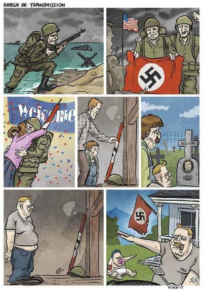 A comic strip titled "Erreur de Transmission" with seven panels. The first panel shows a soldier landing on a beach holding a rifle. The second panel depicts two allied soldiers celebrating holding a n*zi flag with an American flag in the background. The third panel shows a soldier being happily welcomed home by a woman under a "Welcome" banner. The fouth panel features the soldier, now a civilian, setting the rolled up n*zi flag in the corner of a room with a boy with him. The fifth panel shows the boy from the fourth panel grown into a man with his own boy at a grave for his dad, the soldier. The sixth panel depicts the boy from the fifth panel, now a man, seeing the rolled up n*zi flag in the corner. The seventh panel shows the man from the sixth panel with a baby of his own. The n*zi flag is displayed on the house behind them, the man is barbecuing with a kkk on his shirt, an ss tattoo on his arm, and the baby is wearing a swastika arm band. Both man and baby are doing a n*zi salute. The comic is signed Flock-17.
